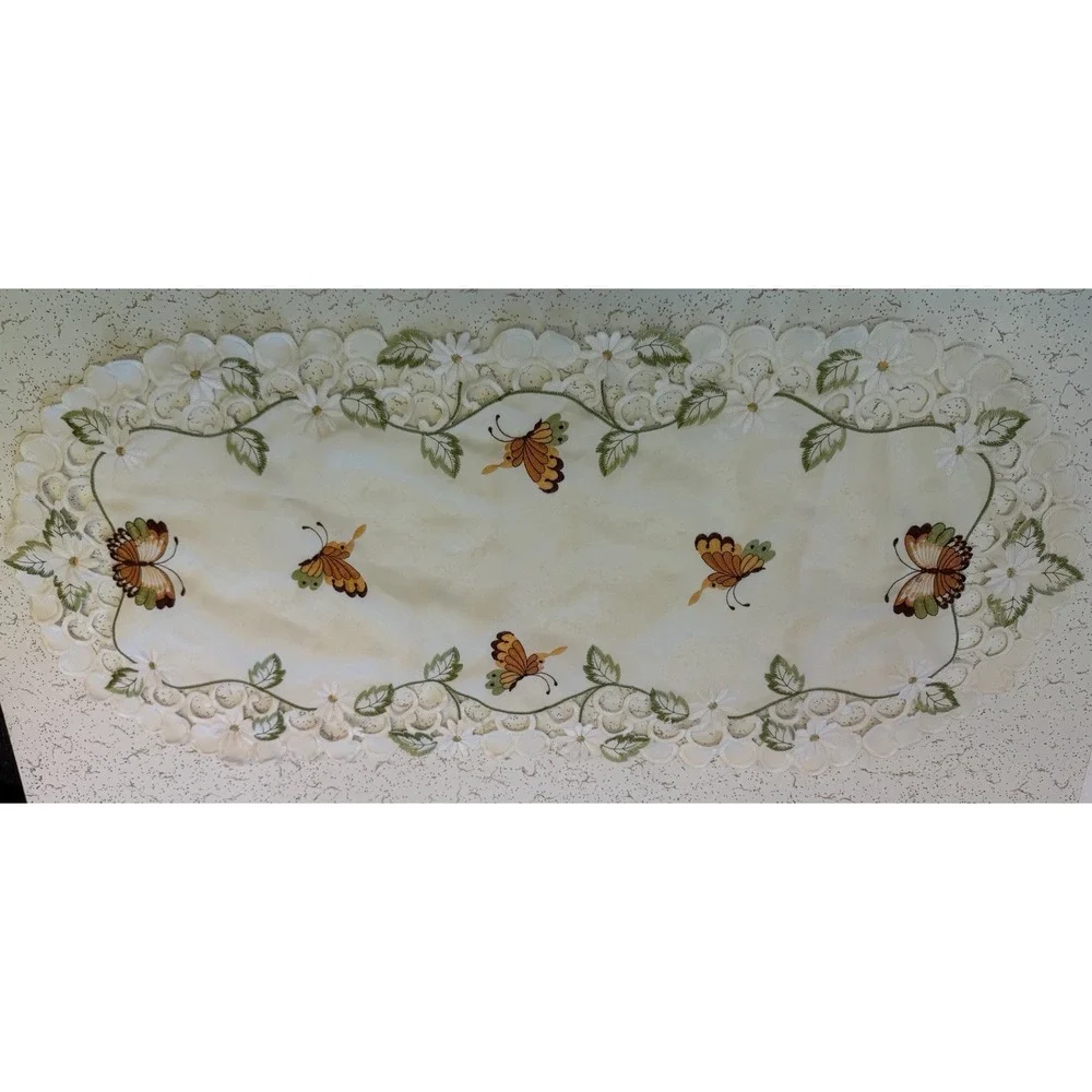 Vtg Embroidered White Table Runner Flowers Butterflies Orange Green‎